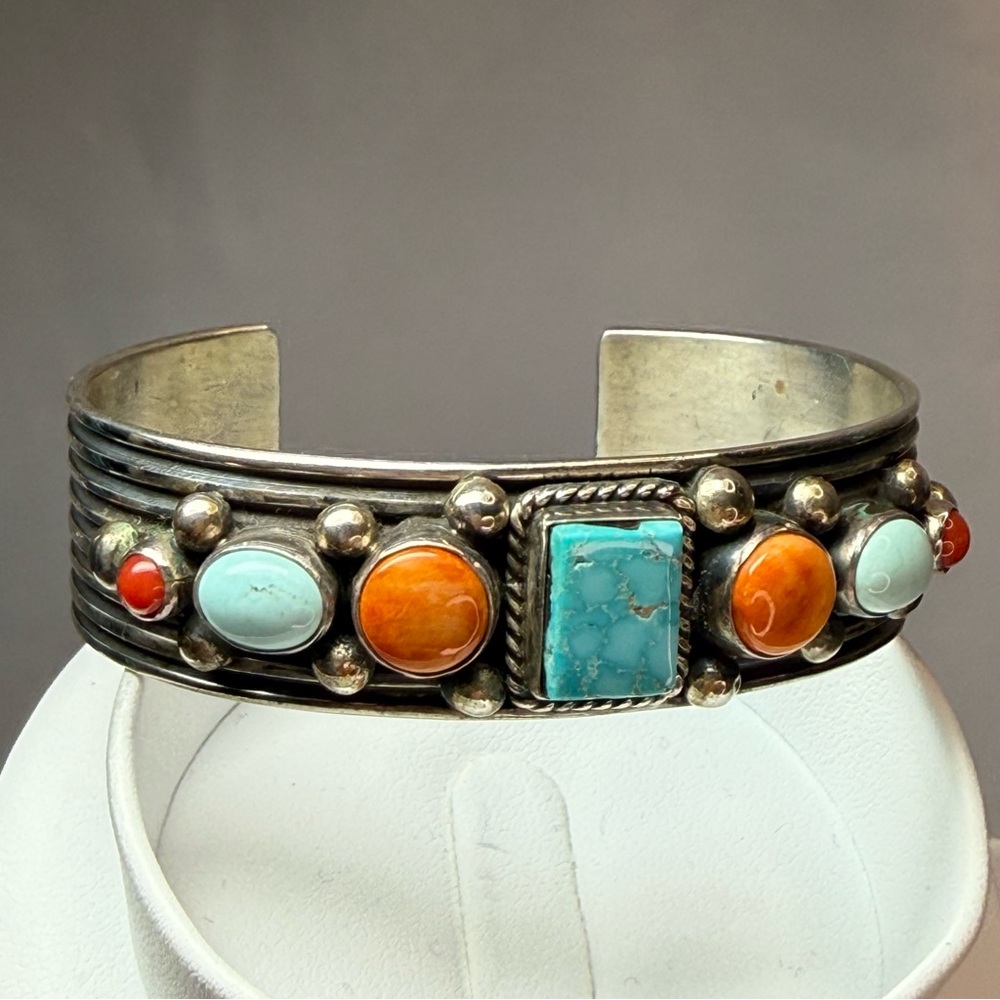 A. Jake Navajo Bracelet Turquoise & Coral Stone Sterling Silver Bracelet 7” NWOT - Picture 2 of 11
